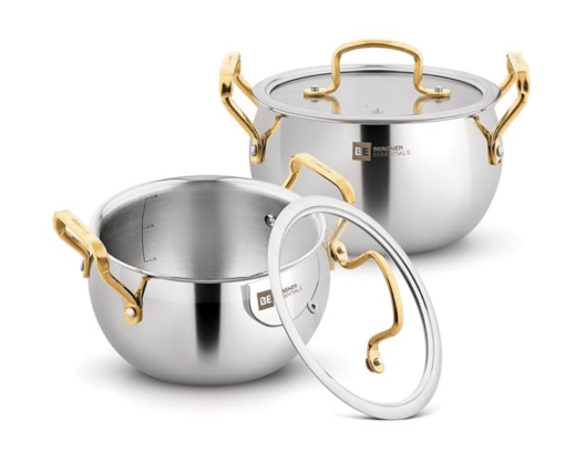 Bergner BE Essentials Rishi Gold 4 Pcs Rice Handi Set with Golden Coated Finishing Handles and Knob, Rice Handis with Glass Lids - 16 cm (2.2 L) and 18cm (3.2 L), Less Oil Use - Induction Bottom